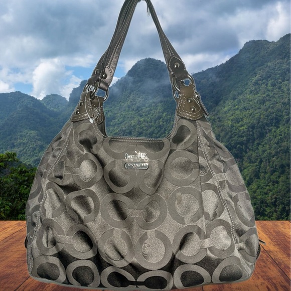 Coach Madison Maggie Signature Hobo Op Art Gray Sateen Bag 3 Tags - Picture 1 of 8